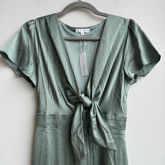 NWT Baltic Born Poppy Midi Dress Womens M Satin Eucalyptus Sage Green Tie Front - Picture 3 of 7